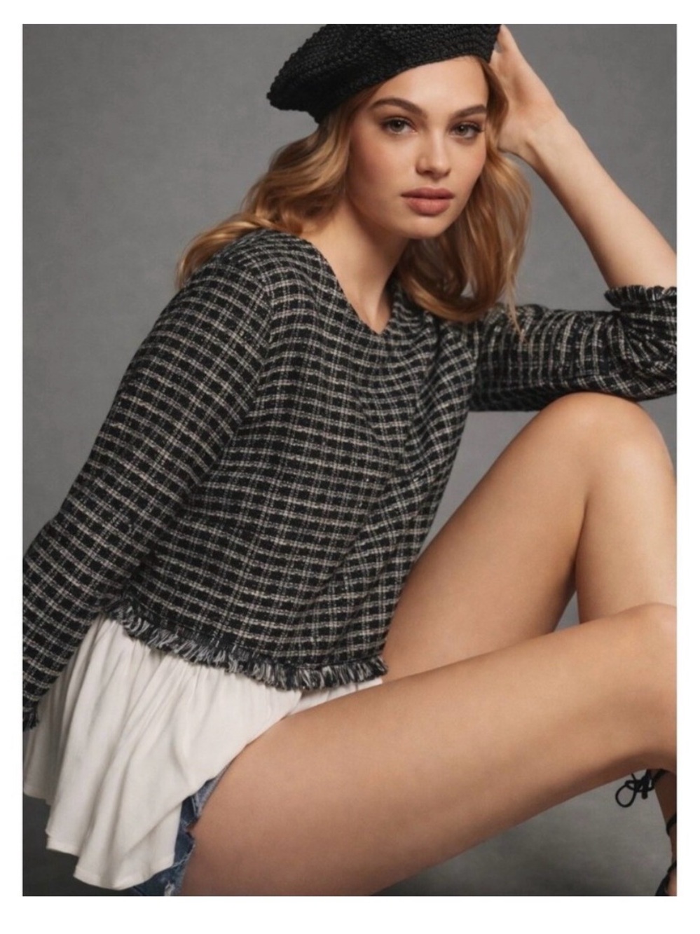 Maeve Black & White Plaid Layered-Hem Sweatshirt